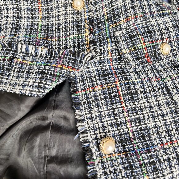 Fringed Plaid Jacket Boucle Women S Blue White Blazer Classic Professor Academia - Picture 10 of 16